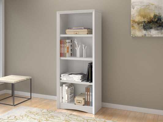 White 4 shelf bookcase with clean lines, minimalist design, and sturdy construction. Made of wood with a smooth finish, ideal for modern home or office organization.