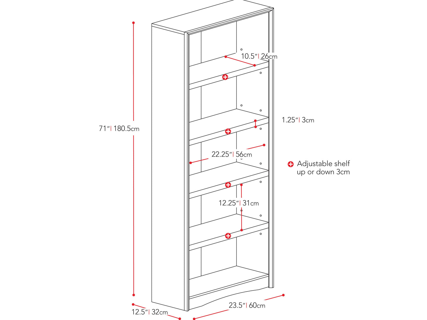 White 5 shelf bookcase with a sleek modern design, featuring durable wood construction, smooth finish, and spacious shelves for ample storage. Perfect for organizing books, décor, or office supplies.