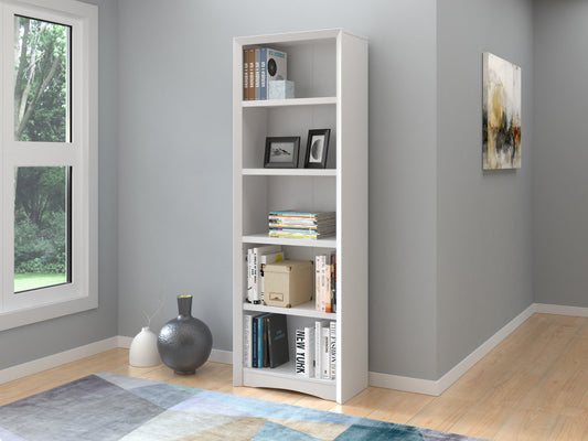 White 5 shelf bookcase with a sleek modern design, featuring durable wood construction, smooth finish, and spacious shelves for ample storage. Perfect for organizing books, décor, or office supplies.