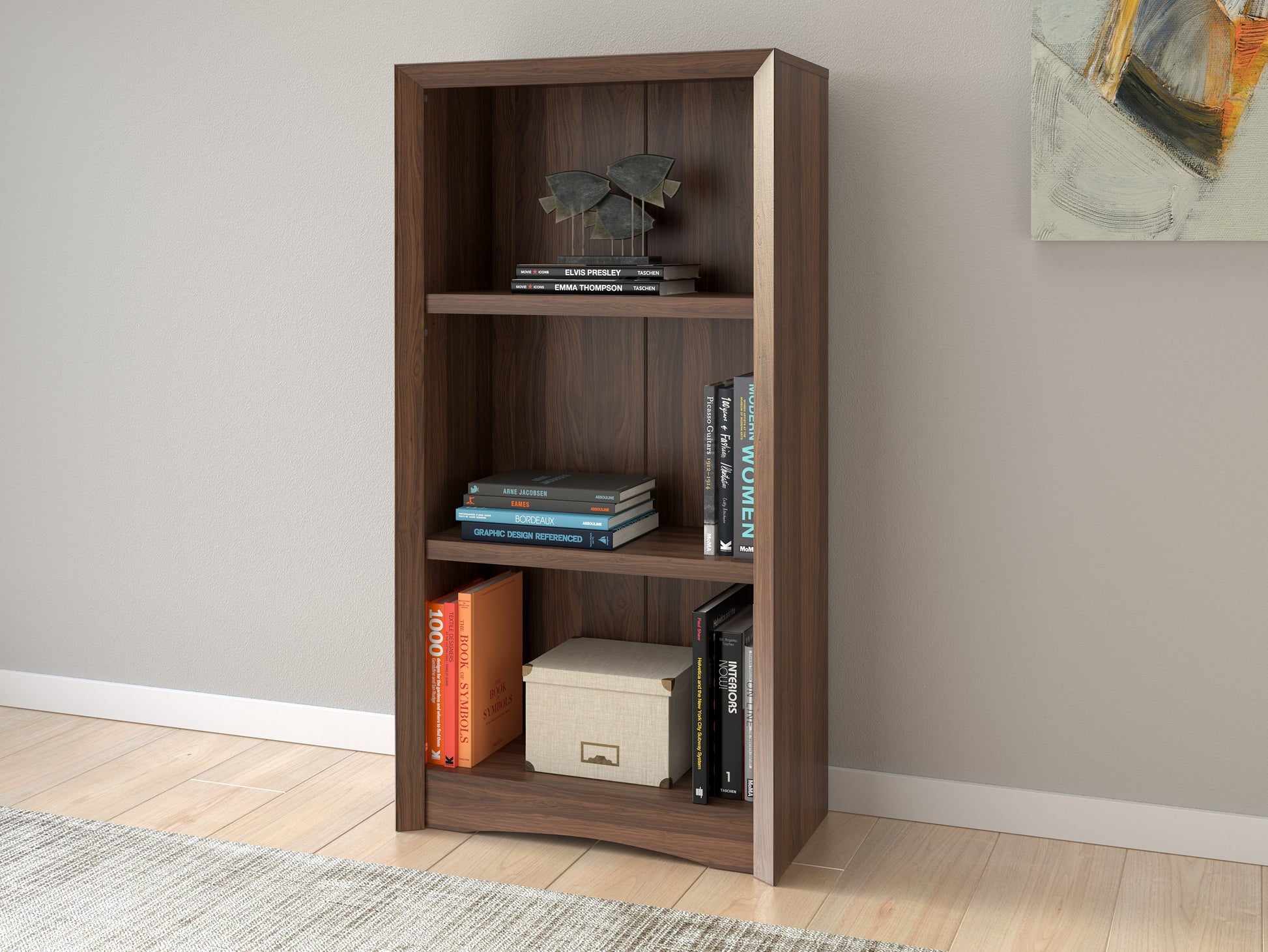 Brown wooden 3 shelf bookcase with a smooth finish, featuring adjustable shelves and a sturdy design, ideal for organizing books and decor in living rooms or offices.