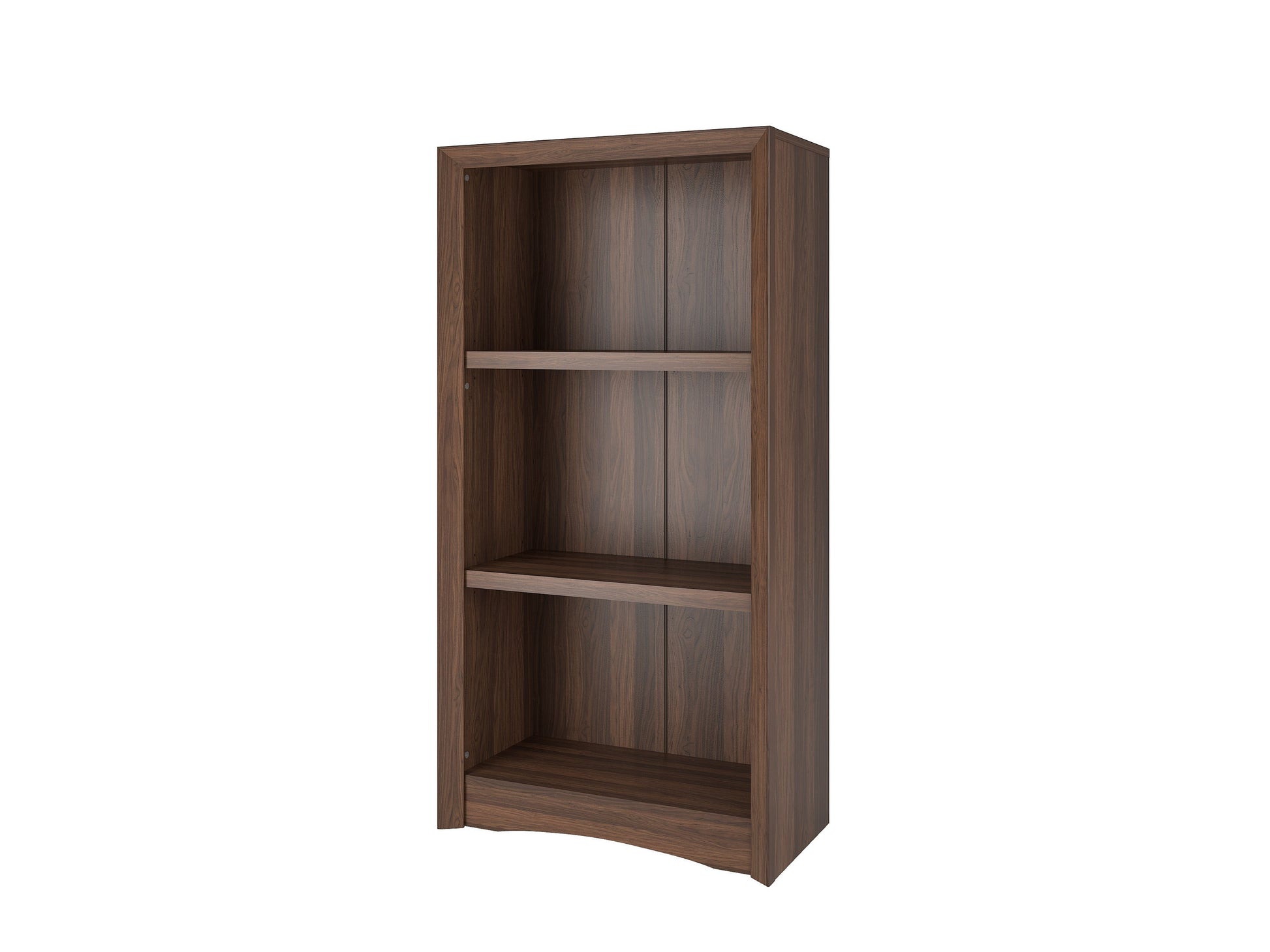 Brown wooden 3 shelf bookcase with a smooth finish, featuring adjustable shelves and a sturdy design, ideal for organizing books and decor in living rooms or offices.