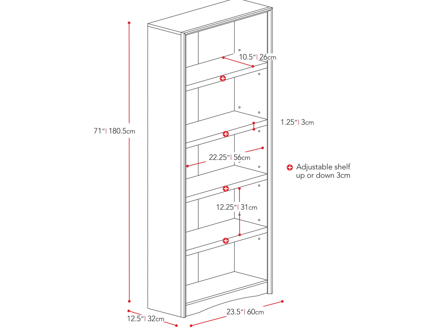 Brown wooden 5-shelf bookcase with adjustable shelves, smooth finish, and sturdy construction. Ideal for organizing books, decor, and office supplies in home or office settings.