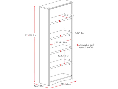 Brown wooden 5-shelf bookcase with adjustable shelves, smooth finish, and sturdy construction. Ideal for organizing books, decor, and office supplies in home or office settings.