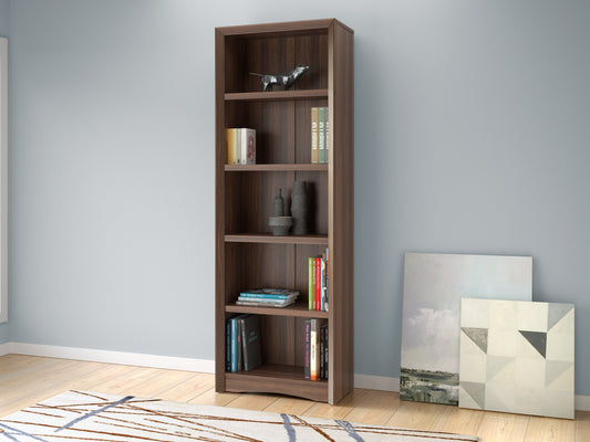 Brown wooden 5-shelf bookcase with adjustable shelves, smooth finish, and sturdy construction. Ideal for organizing books, decor, and office supplies in home or office settings.