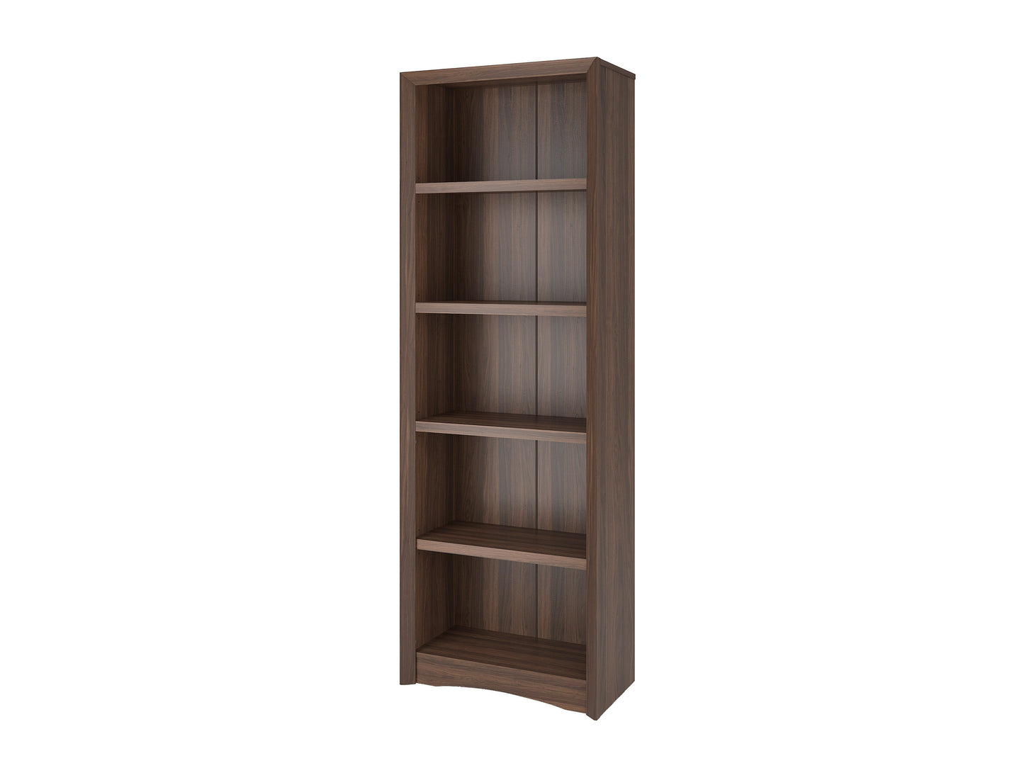 Brown wooden 5-shelf bookcase with adjustable shelves, smooth finish, and sturdy construction. Ideal for organizing books, decor, and office supplies in home or office settings.