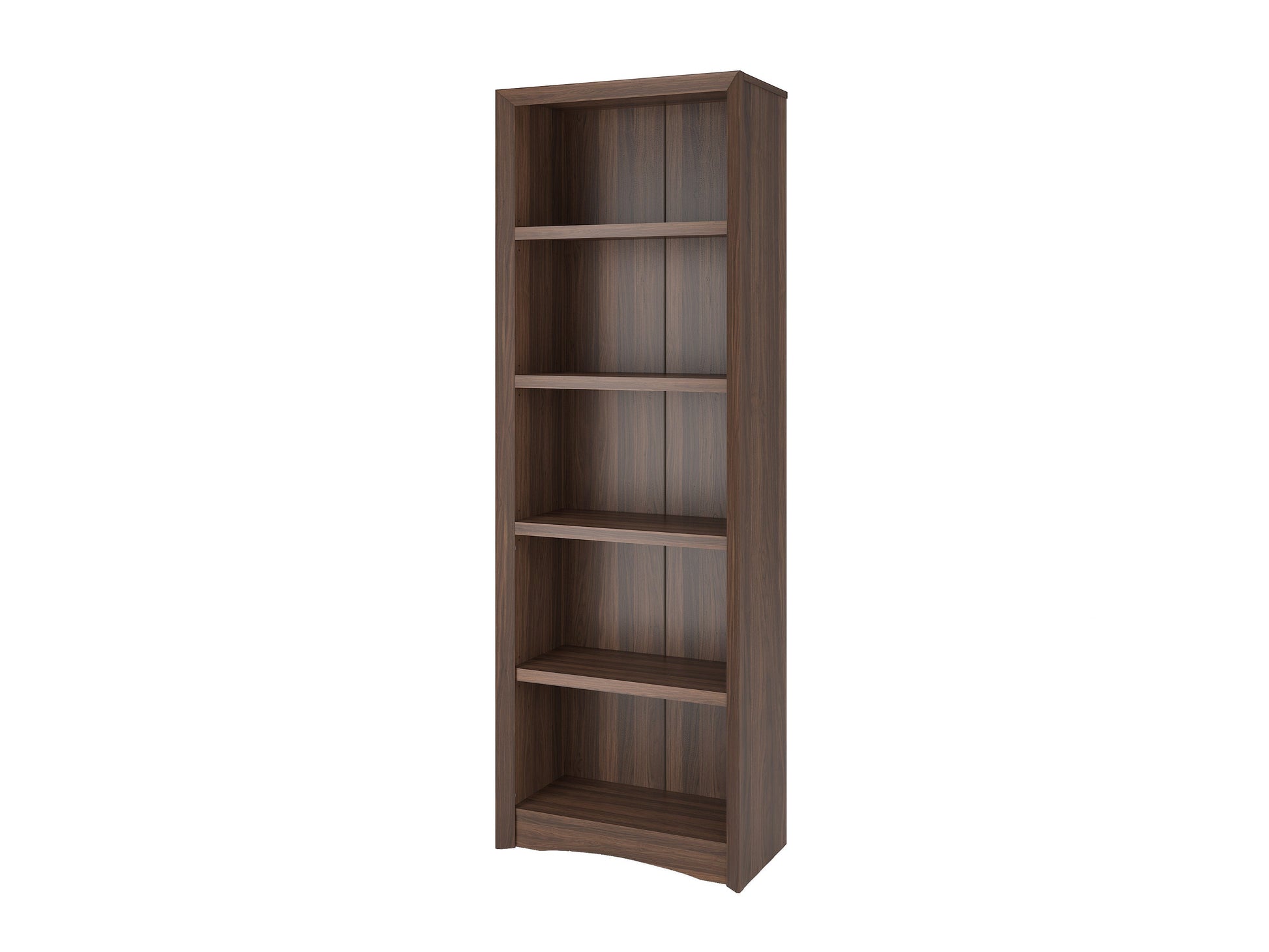 Brown wooden 5-shelf bookcase with adjustable shelves, smooth finish, and sturdy construction. Ideal for organizing books, decor, and office supplies in home or office settings.