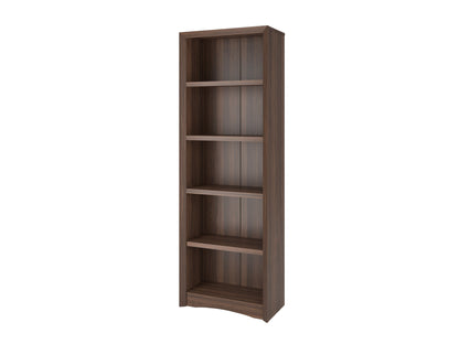 Brown wooden 5-shelf bookcase with adjustable shelves, smooth finish, and sturdy construction. Ideal for organizing books, decor, and office supplies in home or office settings.