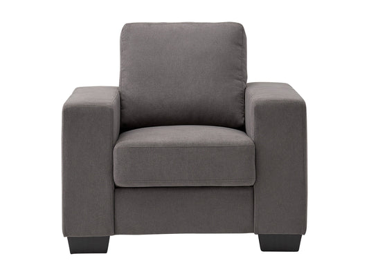 Dark grey arm chair with plush fabric upholstery, sleek wooden legs, and a high backrest. Ideal for living rooms or offices, offering comfortable seating and modern design.