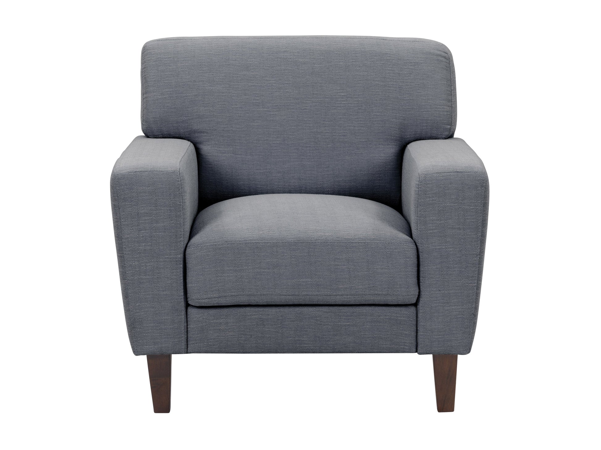 Grey upholstered armchair with wooden legs, featuring a modern design and plush cushioning for added comfort, ideal for living rooms or home offices.