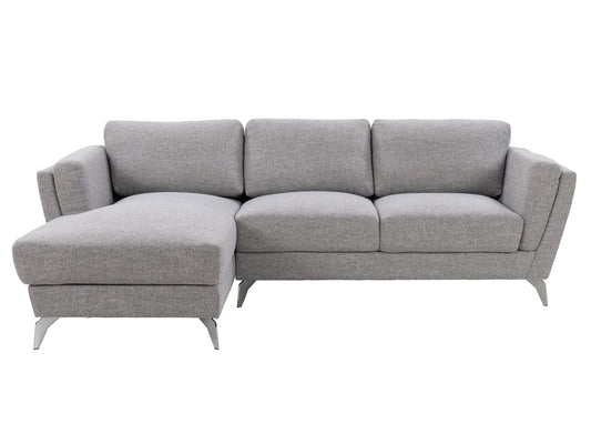 Light grey L-shaped sectional sofa, left facing, featuring plush cushions, modern design, and sturdy wooden legs. Ideal for contemporary living rooms.