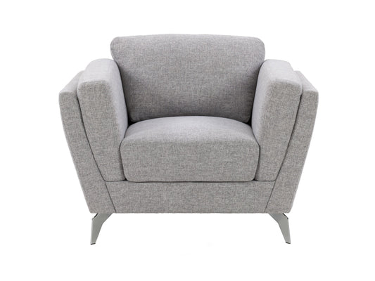 Light grey upholstered arm chair with wooden legs, featuring a contemporary design, soft fabric, and cushioned seat and backrest for enhanced comfort. Ideal for modern living rooms or home offices.