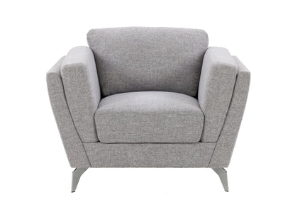 Light grey upholstered arm chair with wooden legs, featuring a contemporary design, soft fabric, and cushioned seat and backrest for enhanced comfort. Ideal for modern living rooms or home offices.