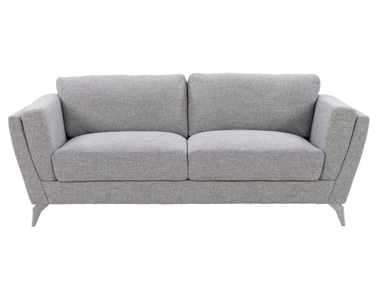 Light grey 3-seater sofa with plush cushions, wooden legs, and soft fabric upholstery. Ideal for modern living rooms, this stylish couch offers comfort and elegance, perfect for family gatherings or relaxation.