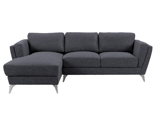 Deep blue L-shaped sectional sofa, left-facing, with plush cushions and sleek modern design. Upholstered in soft fabric, featuring sturdy wooden legs and ample seating for a contemporary living room.