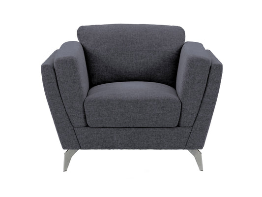 Deep blue upholstered arm chair with wooden legs, featuring a plush, cushioned seat and backrest, and subtle button tufting for added elegance. Ideal for living room or office decor.