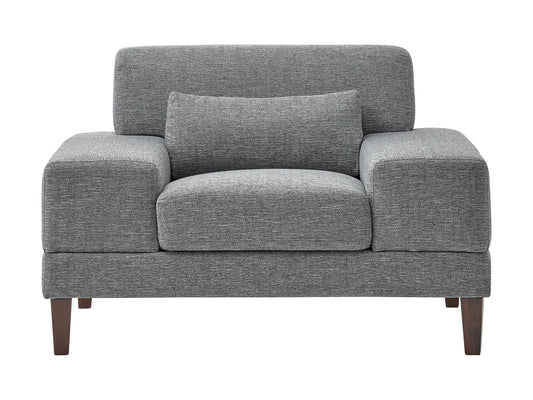 Modern grey wide arm chair with plush cushioning, sleek wide arms, and wooden legs, perfect for contemporary living rooms.