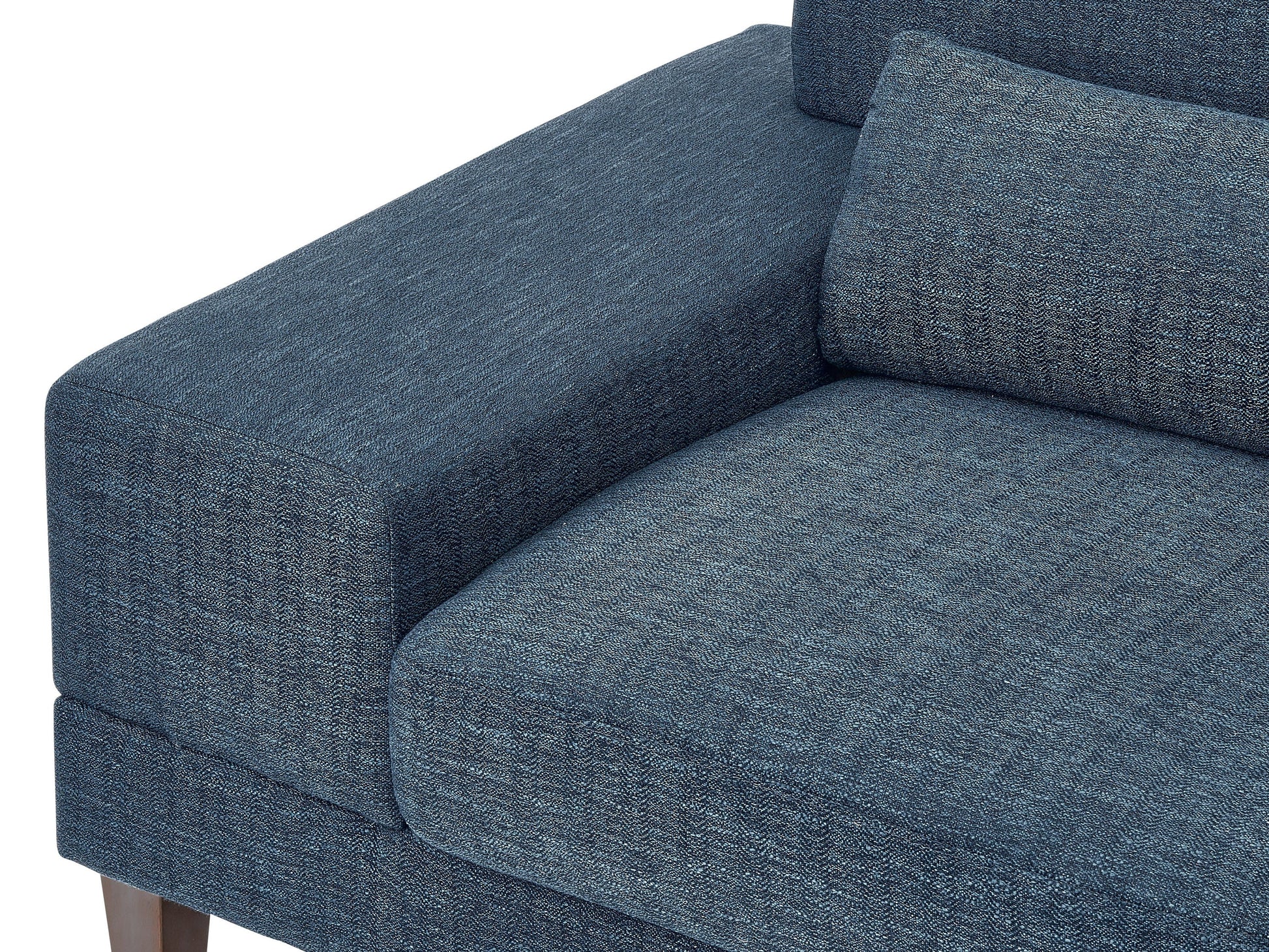 Modern blue sectional sofa, right-facing with plush cushions, sleek lines, and a durable fabric finish, perfect for contemporary living rooms. Features include adjustable headrests and stainless steel legs for added style and support.