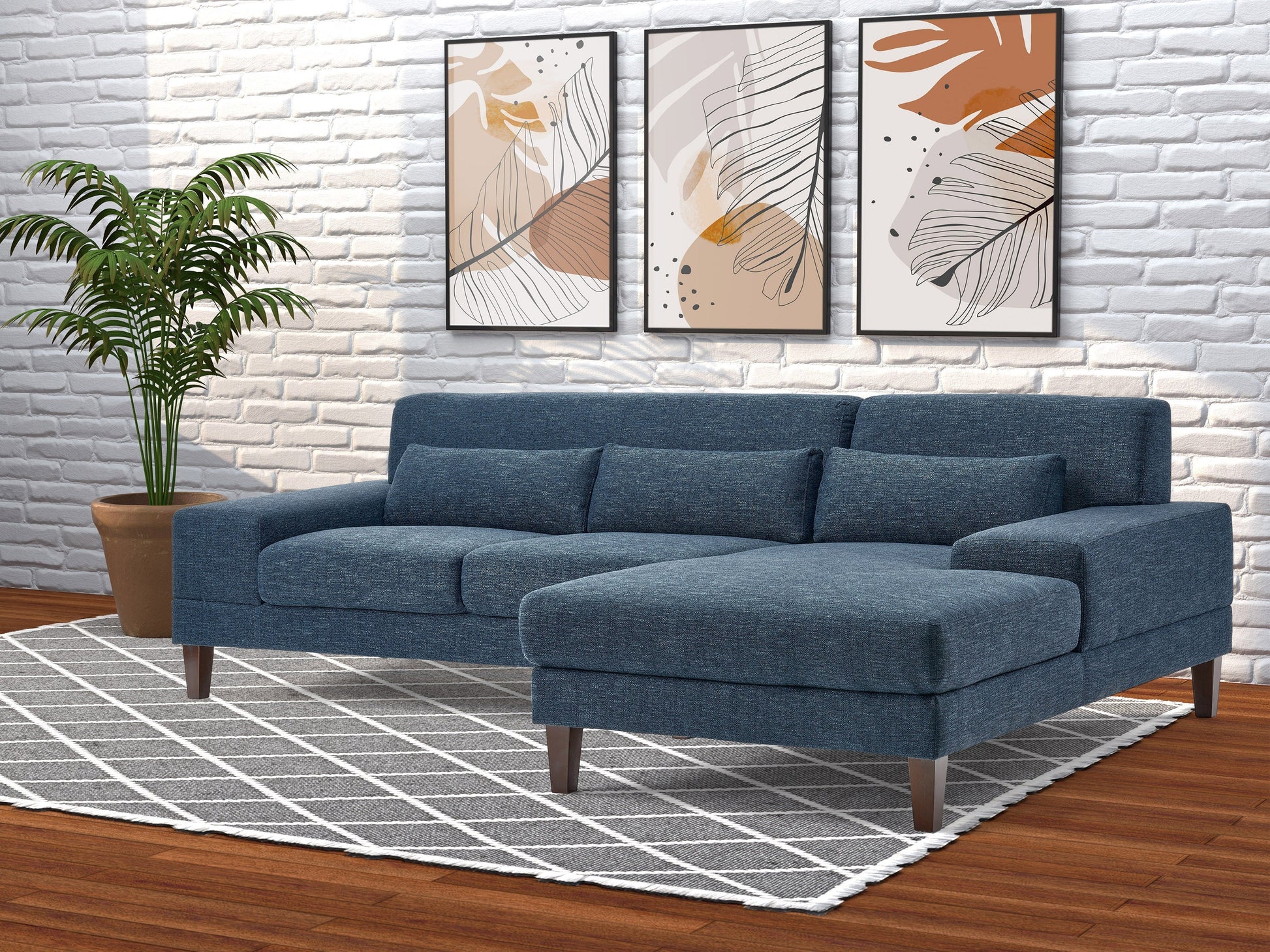 Modern blue sectional sofa, right-facing with plush cushions, sleek lines, and a durable fabric finish, perfect for contemporary living rooms. Features include adjustable headrests and stainless steel legs for added style and support.