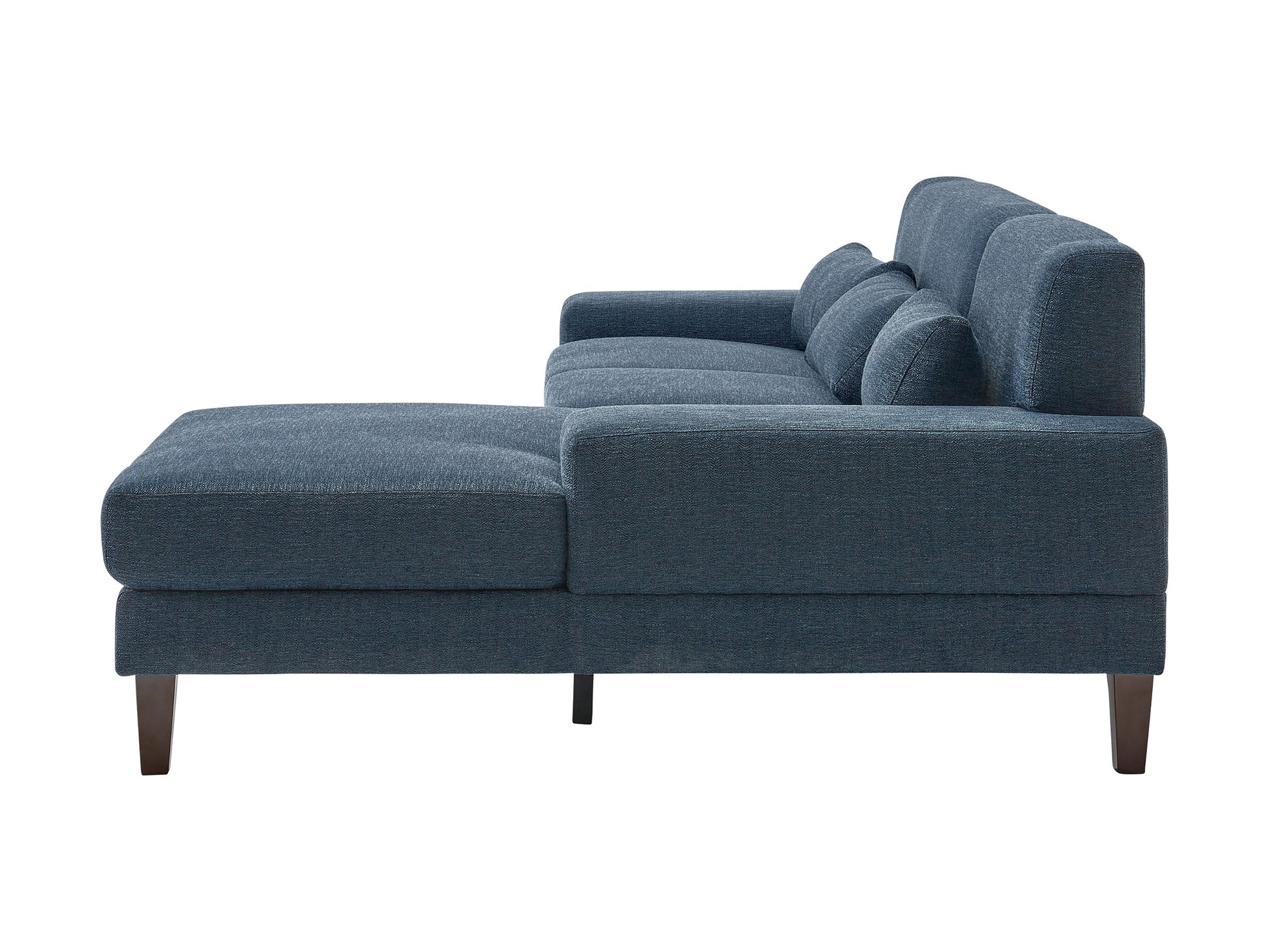 Modern blue sectional sofa, right-facing with plush cushions, sleek lines, and a durable fabric finish, perfect for contemporary living rooms. Features include adjustable headrests and stainless steel legs for added style and support.