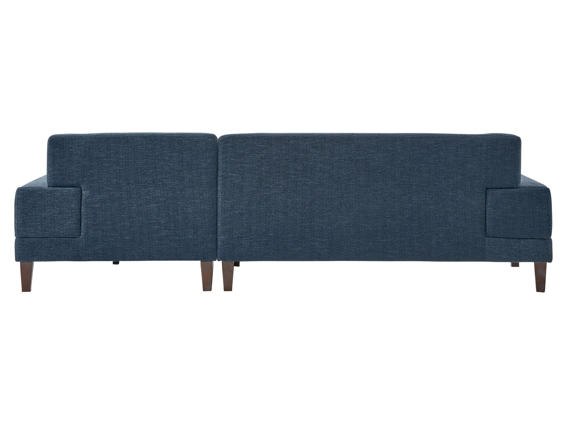 Modern blue sectional sofa, right-facing with plush cushions, sleek lines, and a durable fabric finish, perfect for contemporary living rooms. Features include adjustable headrests and stainless steel legs for added style and support.
