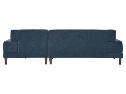 Modern blue sectional sofa, right-facing with plush cushions, sleek lines, and a durable fabric finish, perfect for contemporary living rooms. Features include adjustable headrests and stainless steel legs for added style and support.