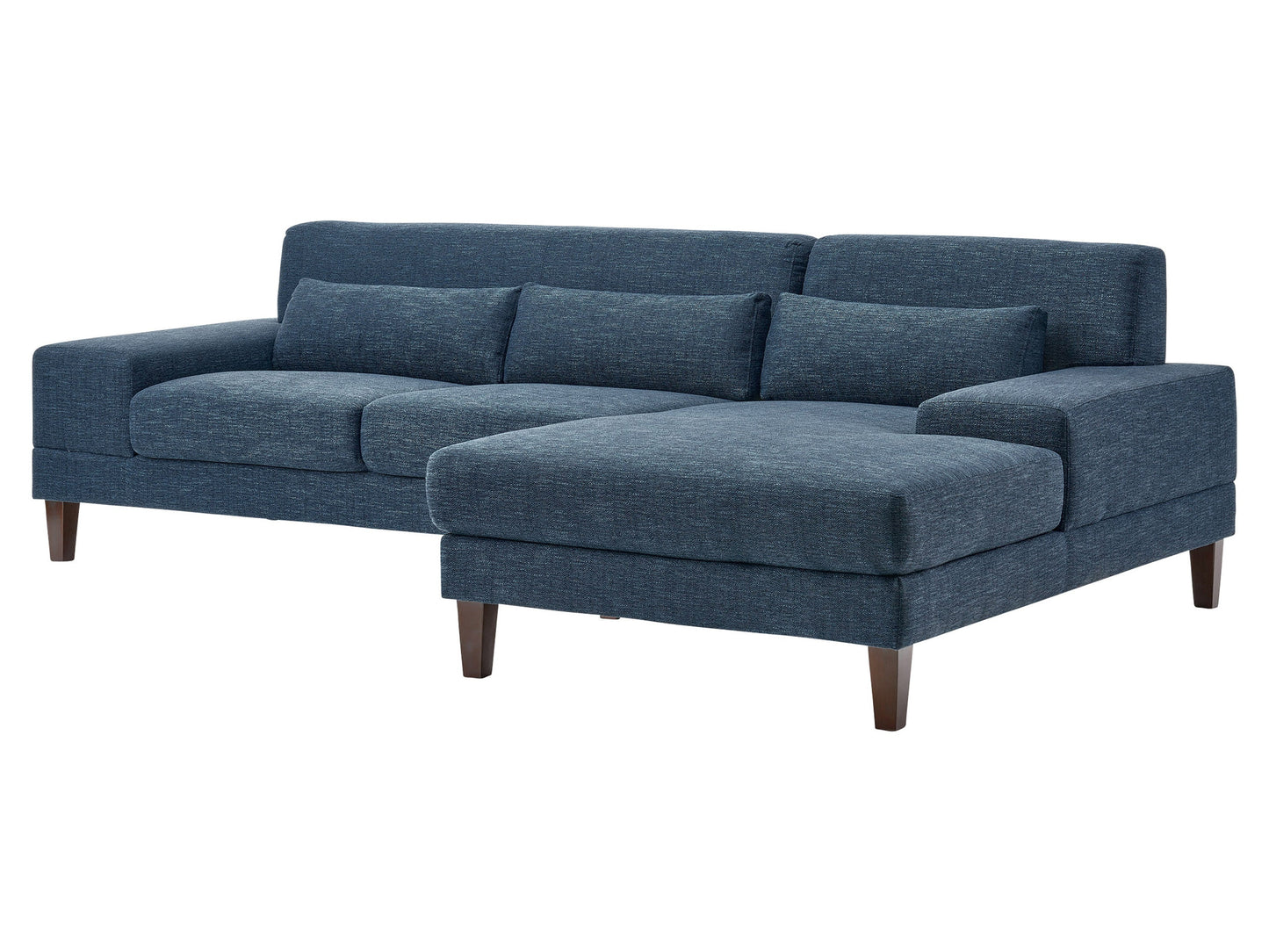 Modern blue sectional sofa, right-facing with plush cushions, sleek lines, and a durable fabric finish, perfect for contemporary living rooms. Features include adjustable headrests and stainless steel legs for added style and support.