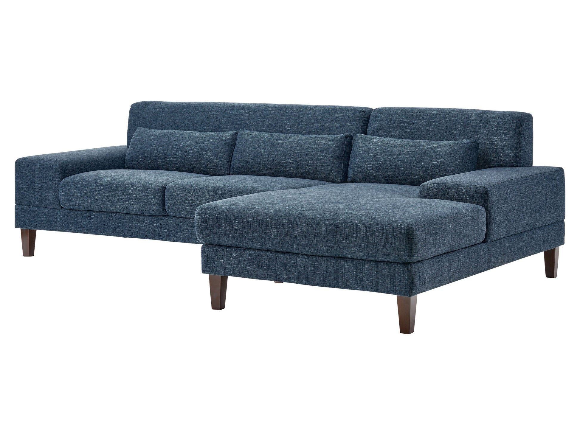 Modern blue sectional sofa, right-facing with plush cushions, sleek lines, and a durable fabric finish, perfect for contemporary living rooms. Features include adjustable headrests and stainless steel legs for added style and support.