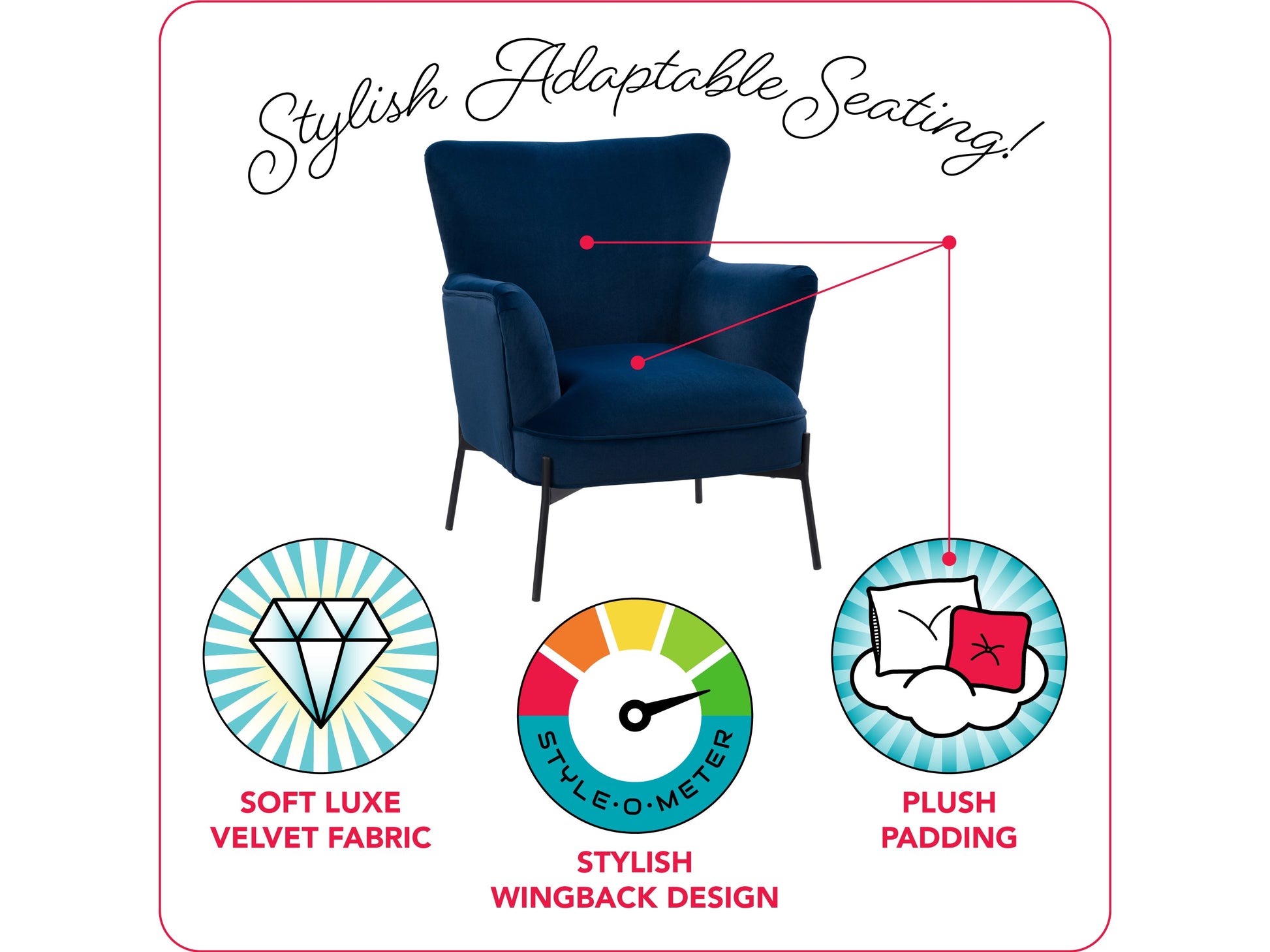 Blue modern wingback accent chair with tufted backrest, wooden legs, and soft velvet upholstery, perfect for living room or bedroom decor.