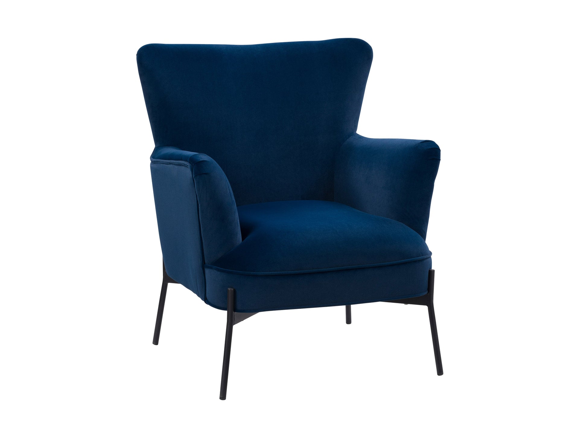 Blue modern wingback accent chair with tufted backrest, wooden legs, and soft velvet upholstery, perfect for living room or bedroom decor.