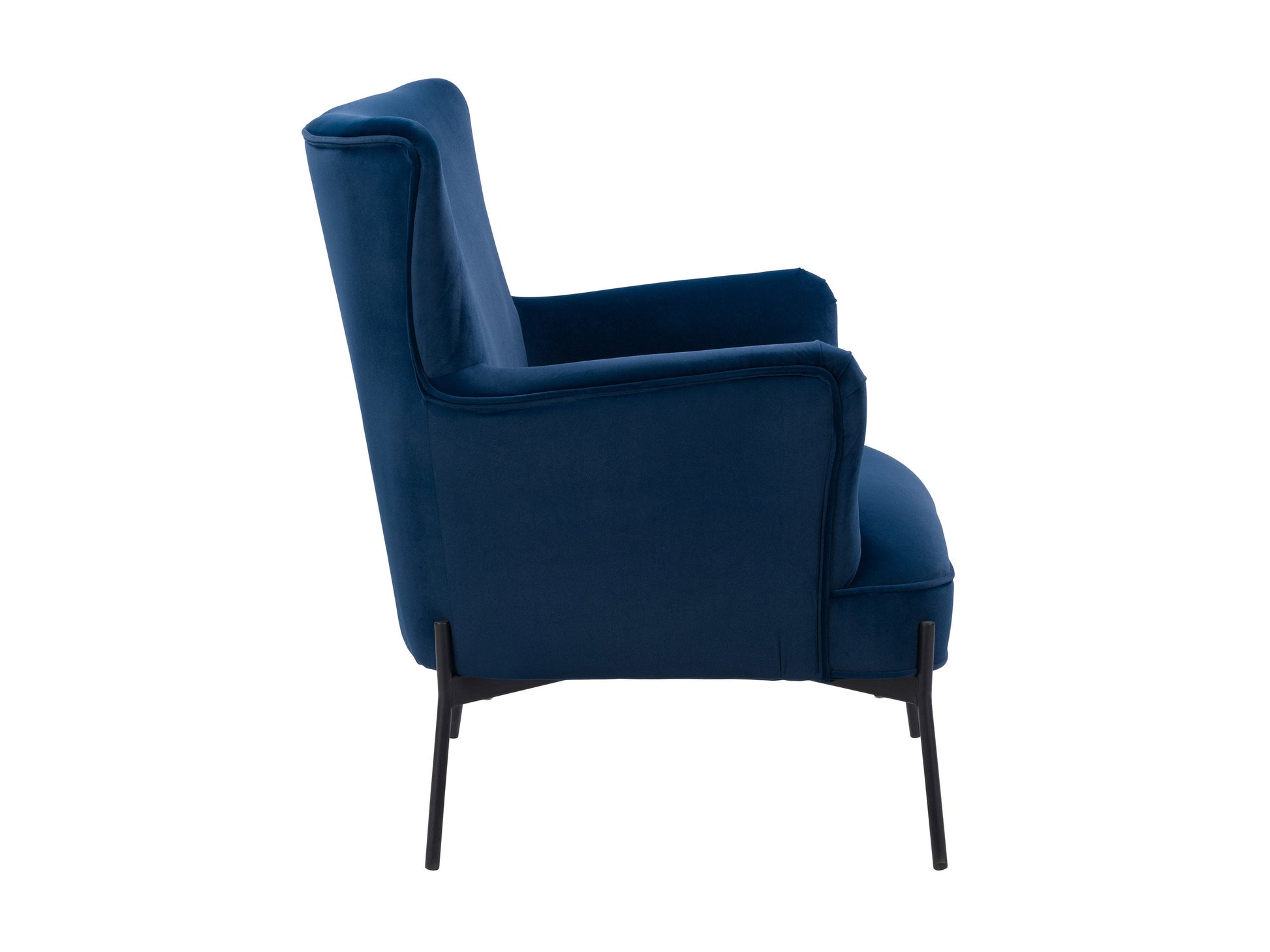 Blue modern wingback accent chair with tufted backrest, wooden legs, and soft velvet upholstery, perfect for living room or bedroom decor.