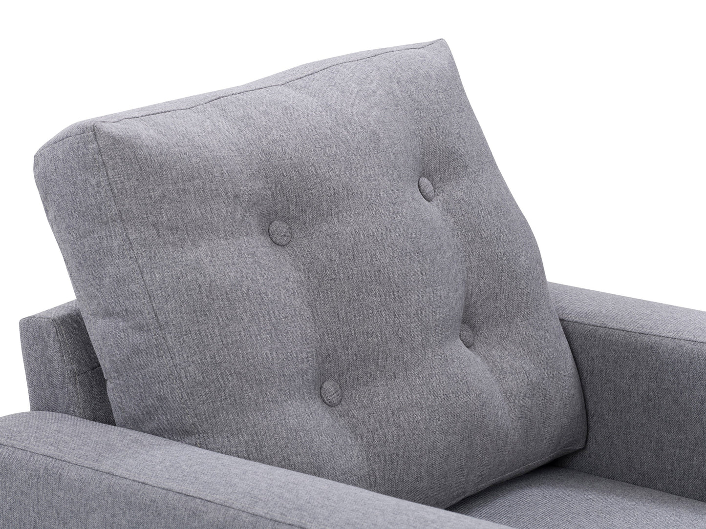 Grey tufted accent chair with wooden legs, featuring soft fabric upholstery, button-tufted backrest, and cushioned seat for comfort. Ideal for living rooms or reading nooks.