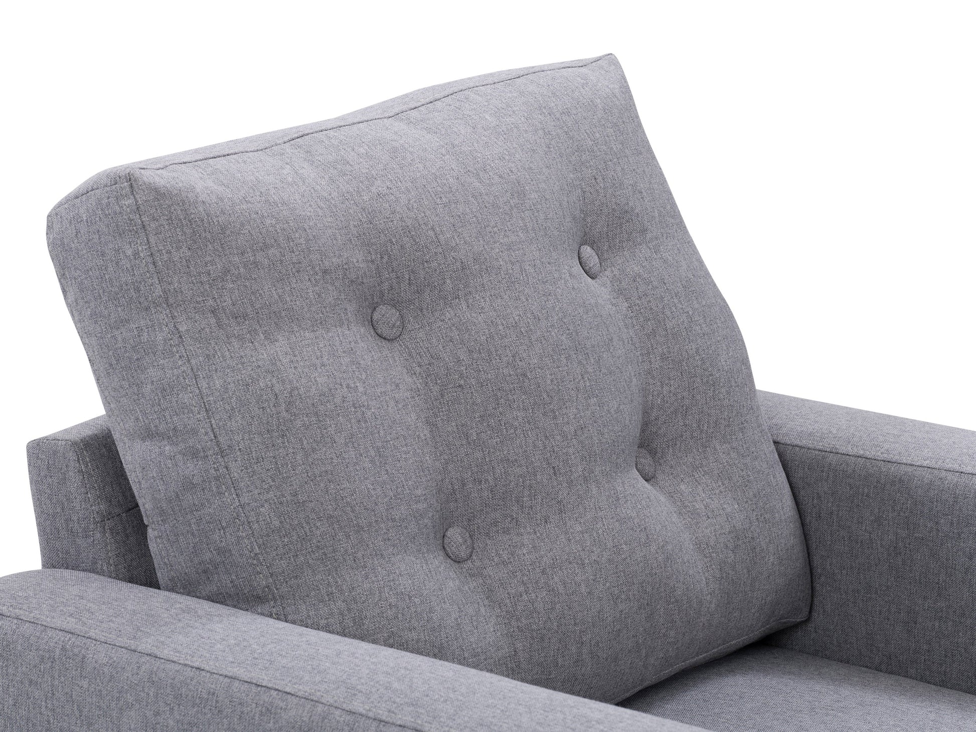 Grey tufted accent chair with wooden legs, featuring soft fabric upholstery, button-tufted backrest, and cushioned seat for comfort. Ideal for living rooms or reading nooks.