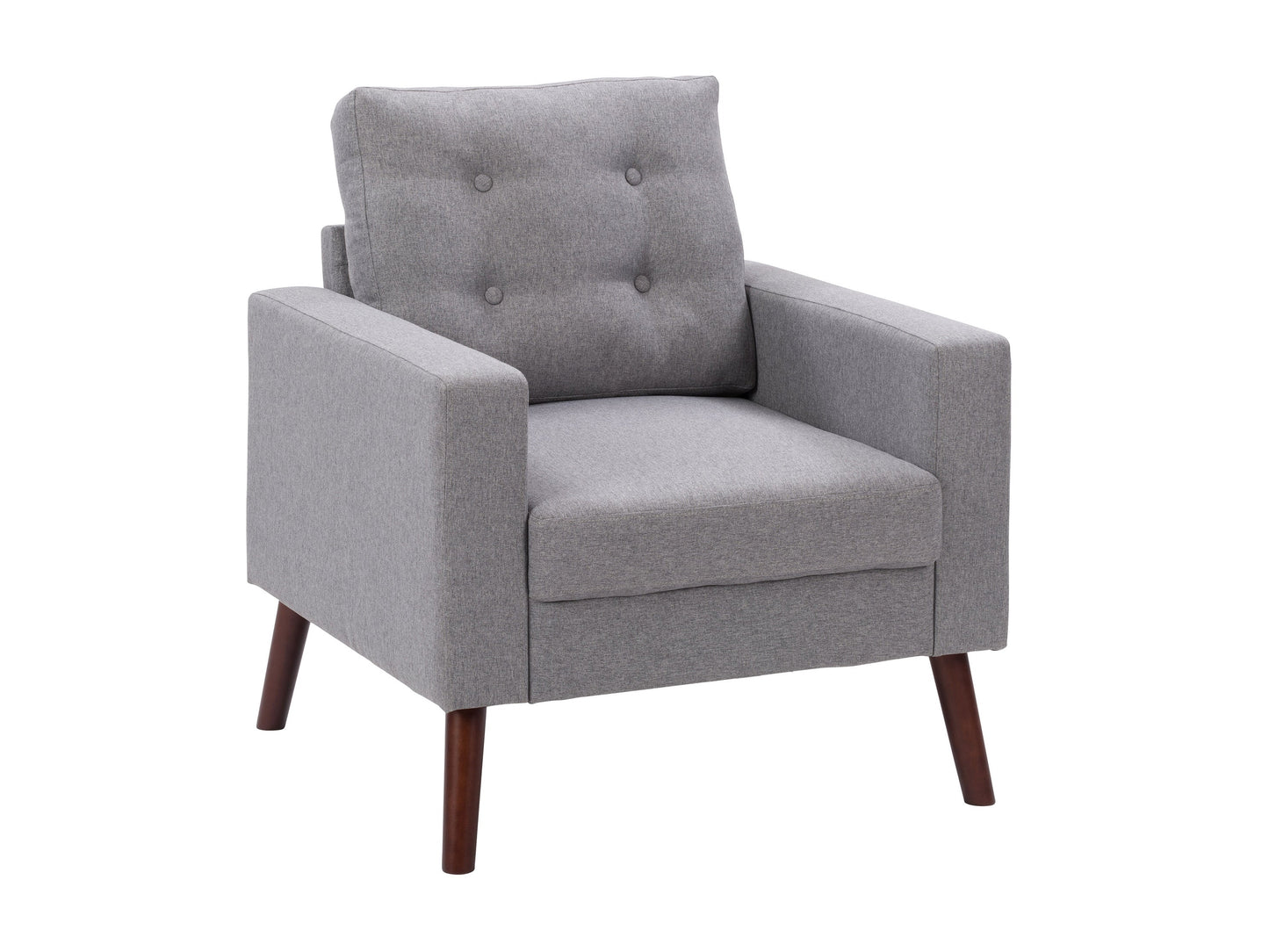 Grey tufted accent chair with wooden legs, featuring soft fabric upholstery, button-tufted backrest, and cushioned seat for comfort. Ideal for living rooms or reading nooks.