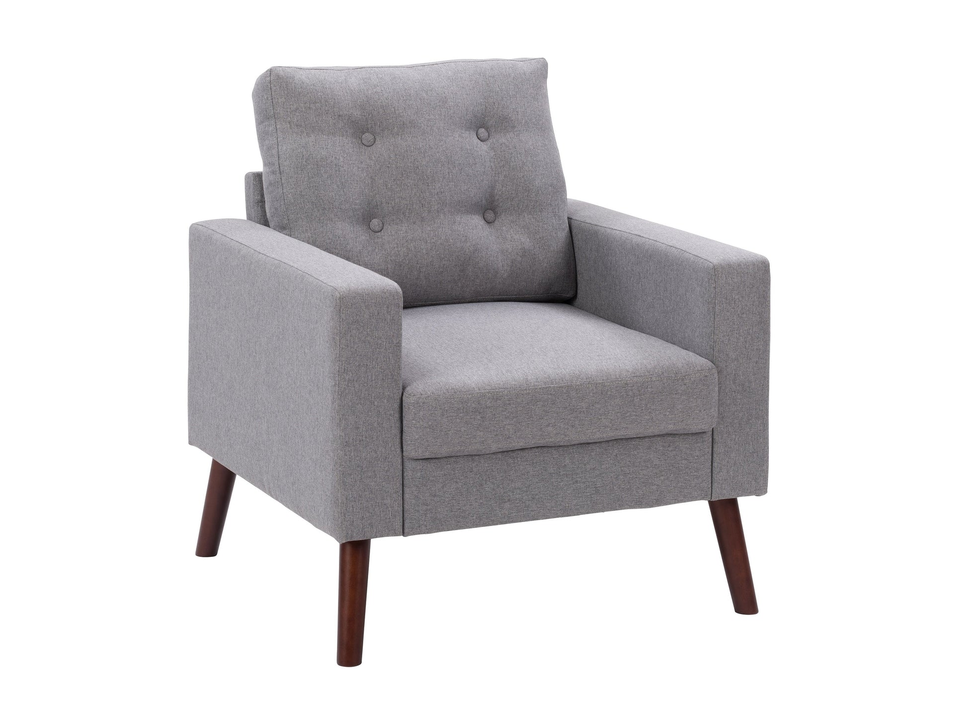 Grey tufted accent chair with wooden legs, featuring soft fabric upholstery, button-tufted backrest, and cushioned seat for comfort. Ideal for living rooms or reading nooks.