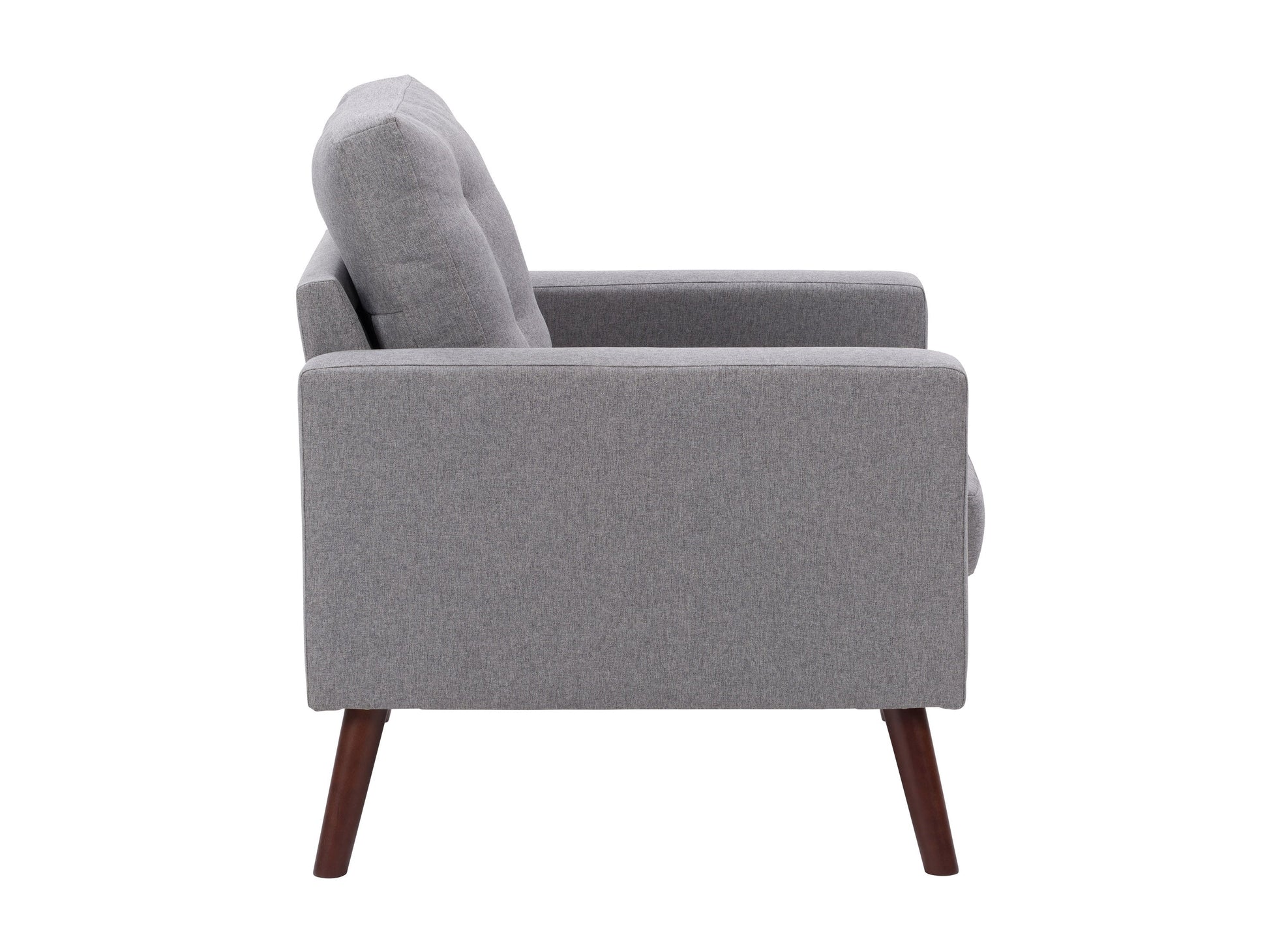 Grey tufted accent chair with wooden legs, featuring soft fabric upholstery, button-tufted backrest, and cushioned seat for comfort. Ideal for living rooms or reading nooks.