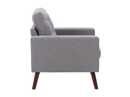 Grey tufted accent chair with wooden legs, featuring soft fabric upholstery, button-tufted backrest, and cushioned seat for comfort. Ideal for living rooms or reading nooks.
