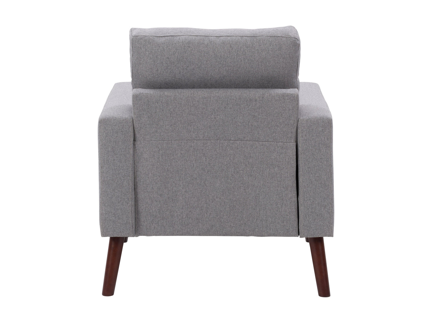 Grey tufted accent chair with wooden legs, featuring soft fabric upholstery, button-tufted backrest, and cushioned seat for comfort. Ideal for living rooms or reading nooks.