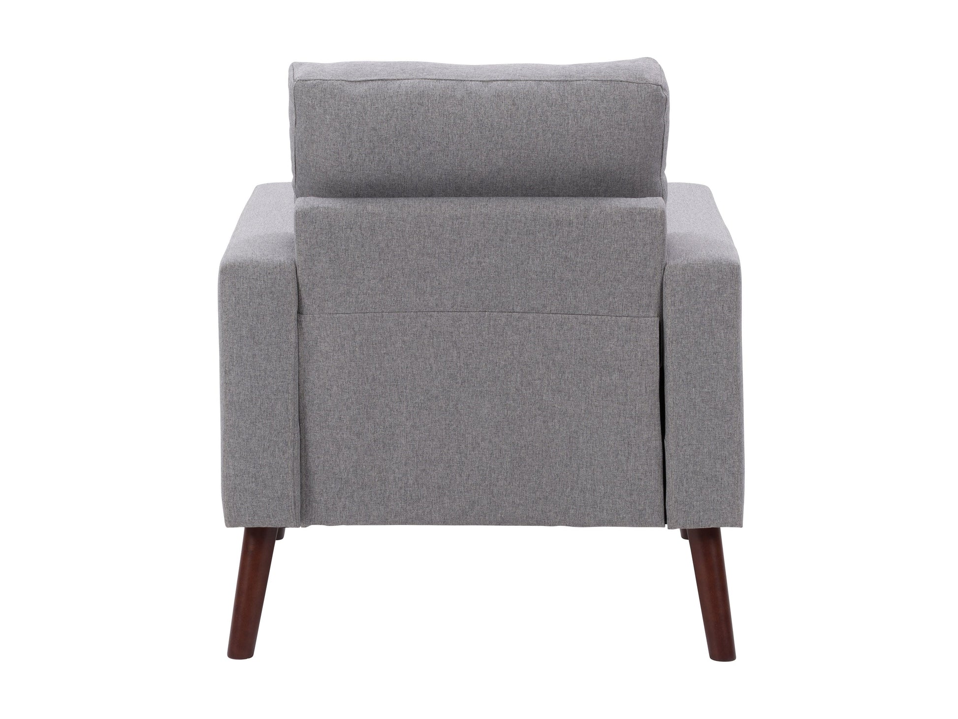 Grey tufted accent chair with wooden legs, featuring soft fabric upholstery, button-tufted backrest, and cushioned seat for comfort. Ideal for living rooms or reading nooks.