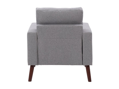 Grey tufted accent chair with wooden legs, featuring soft fabric upholstery, button-tufted backrest, and cushioned seat for comfort. Ideal for living rooms or reading nooks.