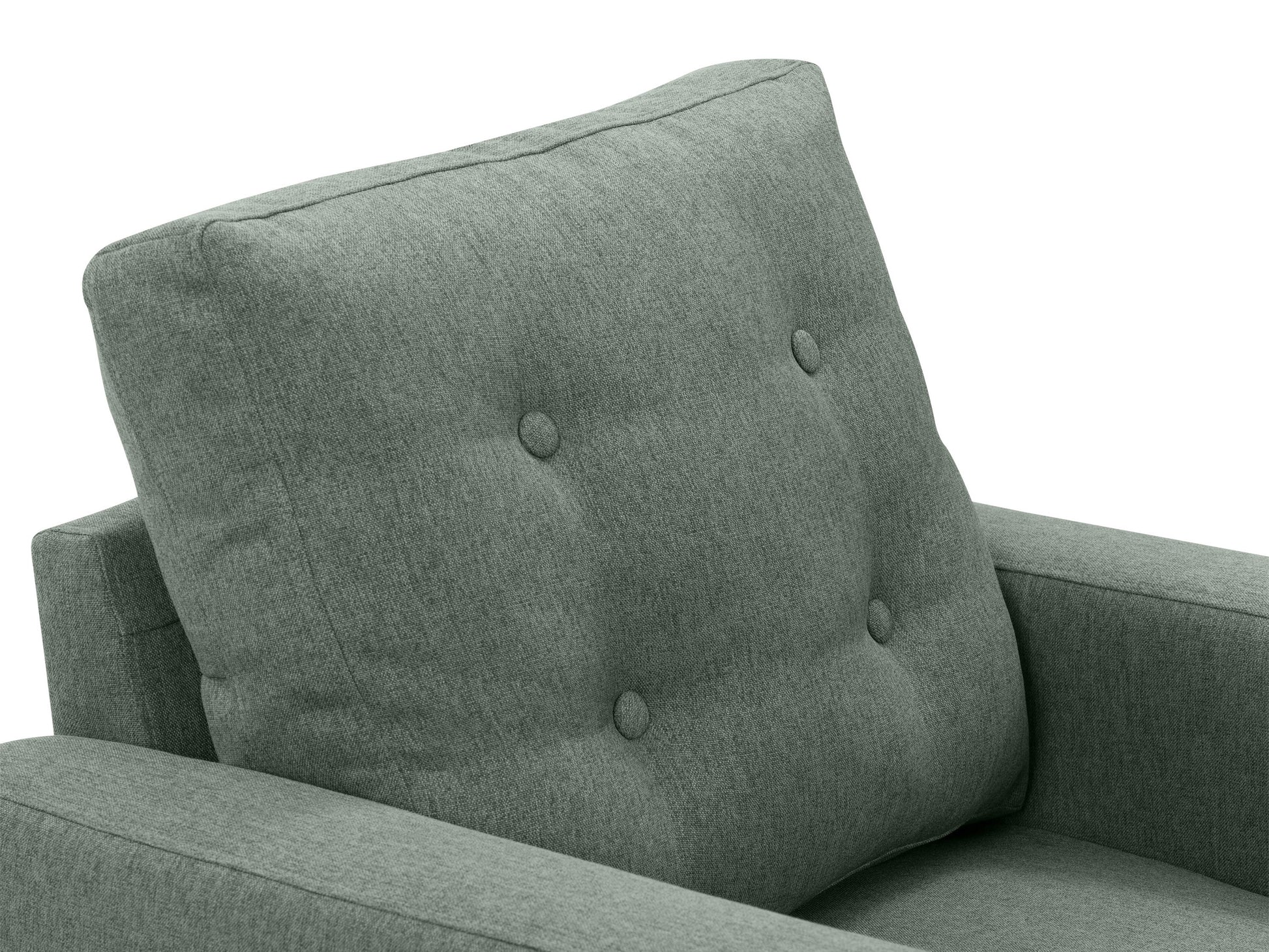 Green tufted accent chair with wooden legs, mid-century modern design, velvet upholstery, and button-tufted backrest.
