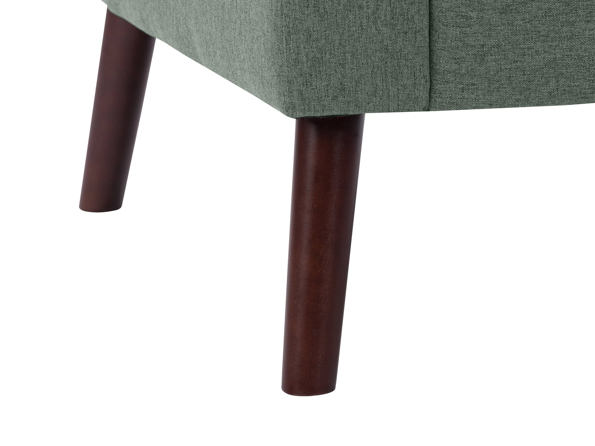 Green tufted accent chair with wooden legs, mid-century modern design, velvet upholstery, and button-tufted backrest.