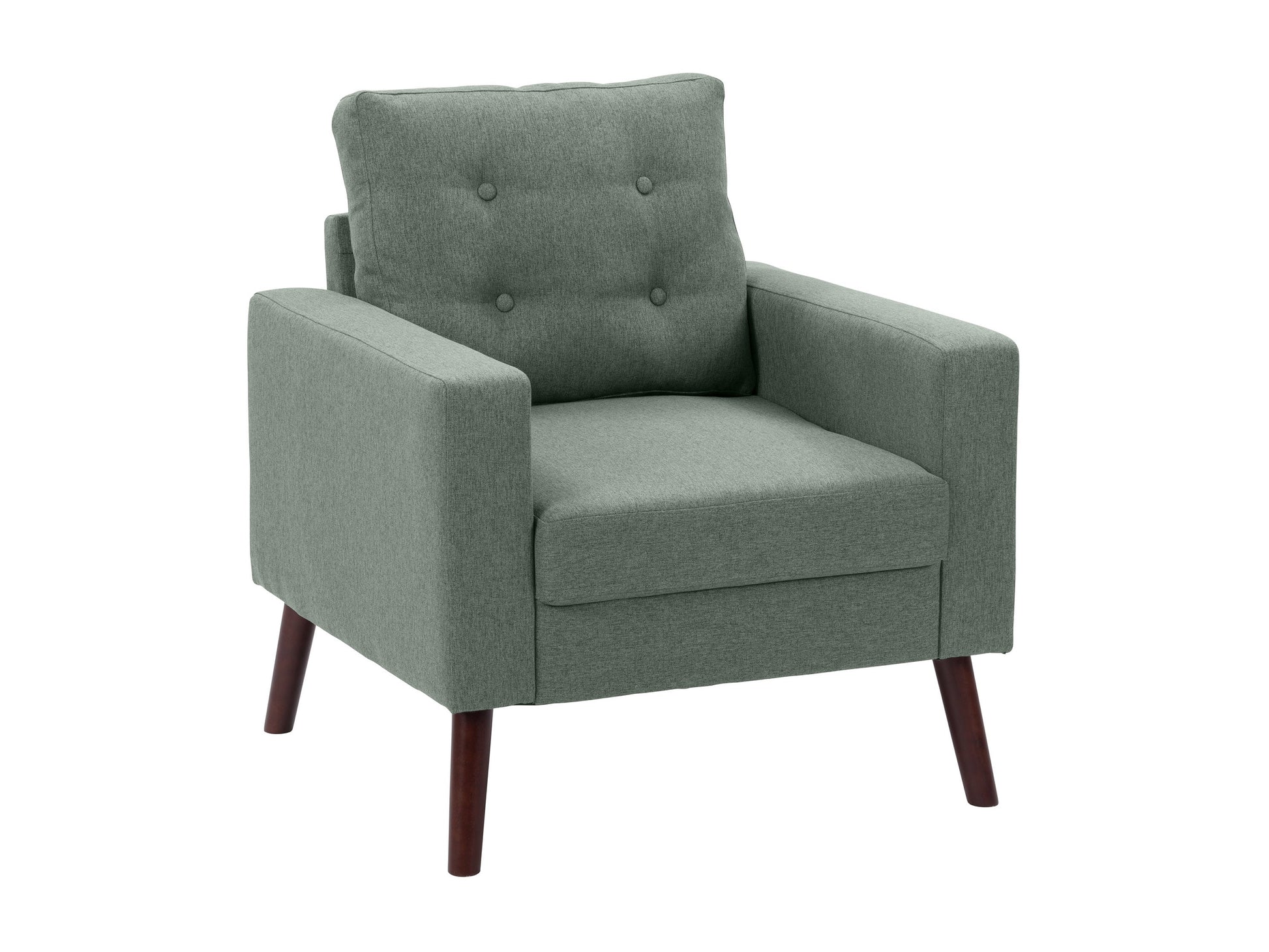 Green tufted accent chair with wooden legs, mid-century modern design, velvet upholstery, and button-tufted backrest.