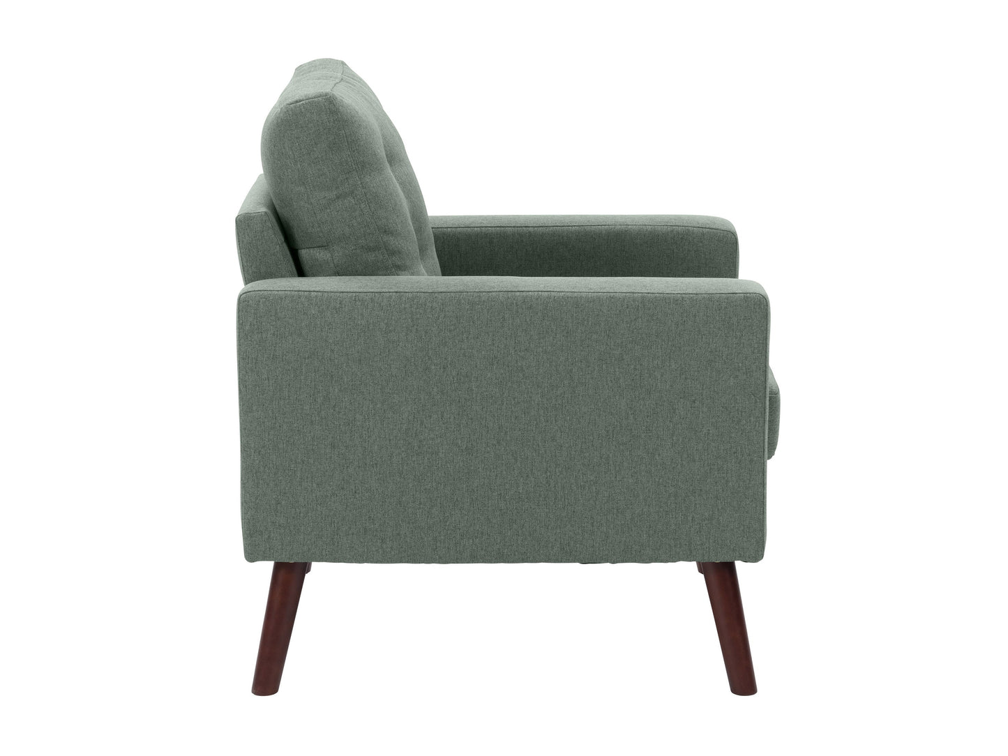 Green tufted accent chair with wooden legs, mid-century modern design, velvet upholstery, and button-tufted backrest.