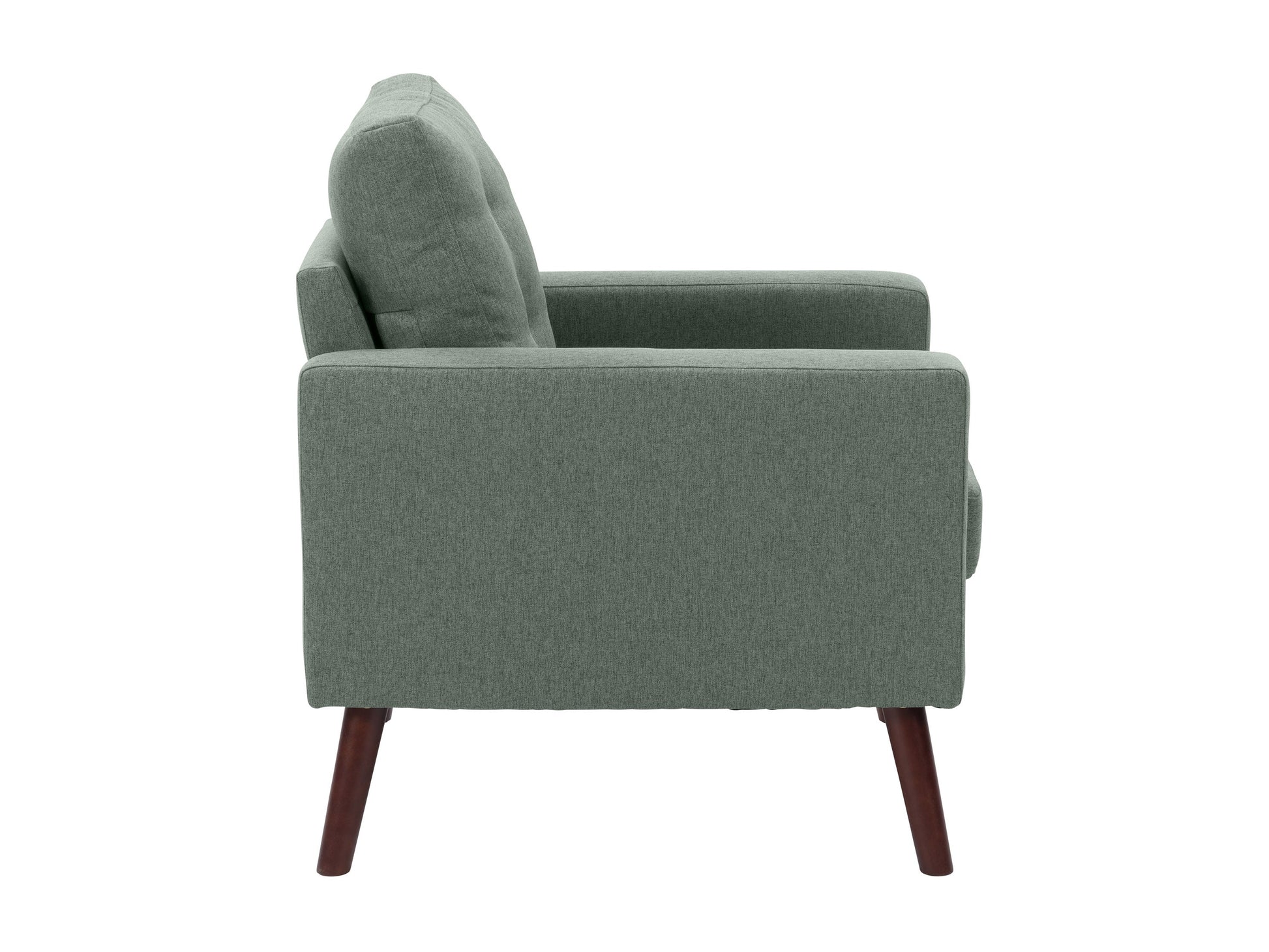Green tufted accent chair with wooden legs, mid-century modern design, velvet upholstery, and button-tufted backrest.