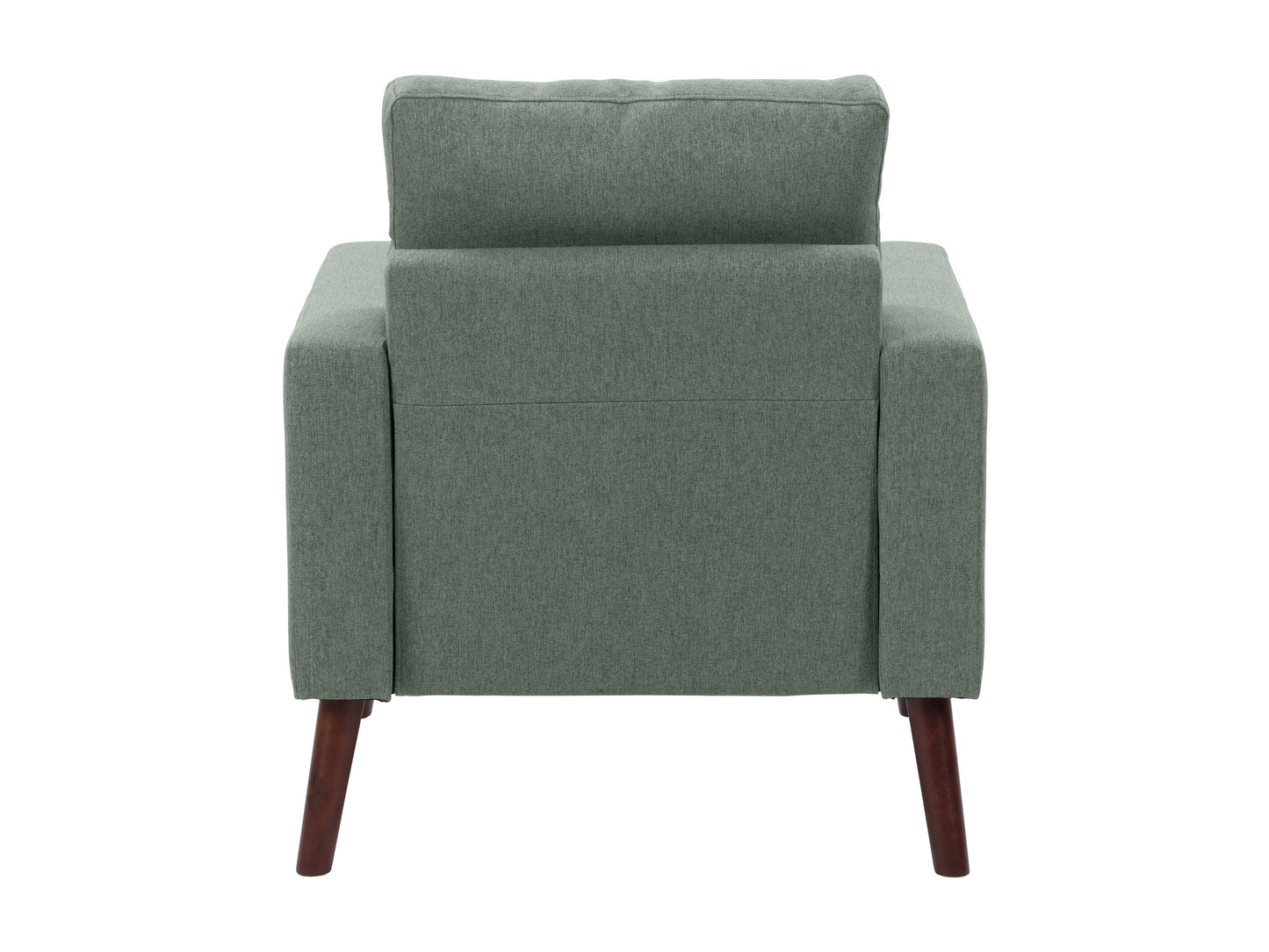 Green tufted accent chair with wooden legs, mid-century modern design, velvet upholstery, and button-tufted backrest.