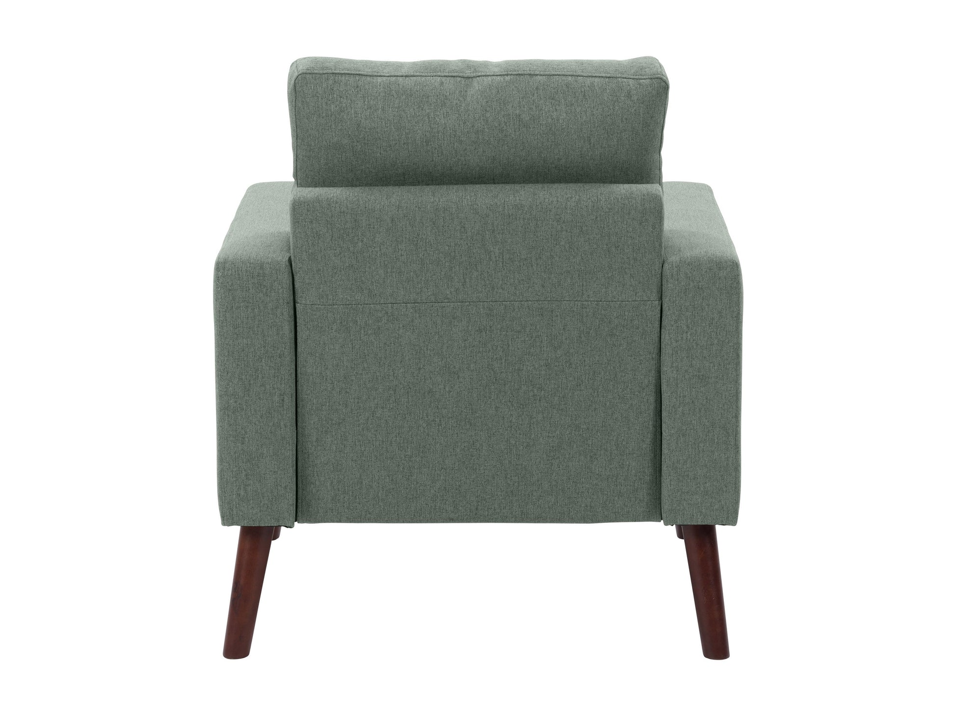 Green tufted accent chair with wooden legs, mid-century modern design, velvet upholstery, and button-tufted backrest.
