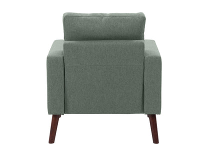 Green tufted accent chair with wooden legs, mid-century modern design, velvet upholstery, and button-tufted backrest.