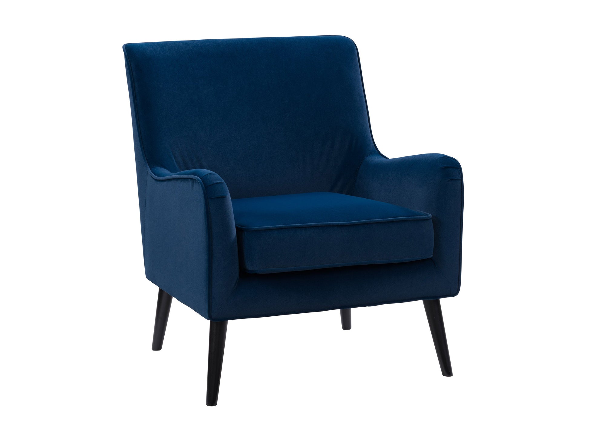 Luxurious blue velvet accent chair with tufted backrest, sleek gold legs, and plush cushioning, perfect for modern living rooms or stylish office spaces.