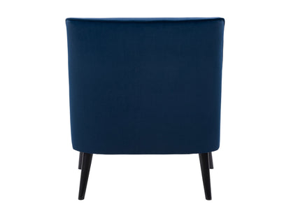 Luxurious blue velvet accent chair with tufted backrest, sleek gold legs, and plush cushioning, perfect for modern living rooms or stylish office spaces.