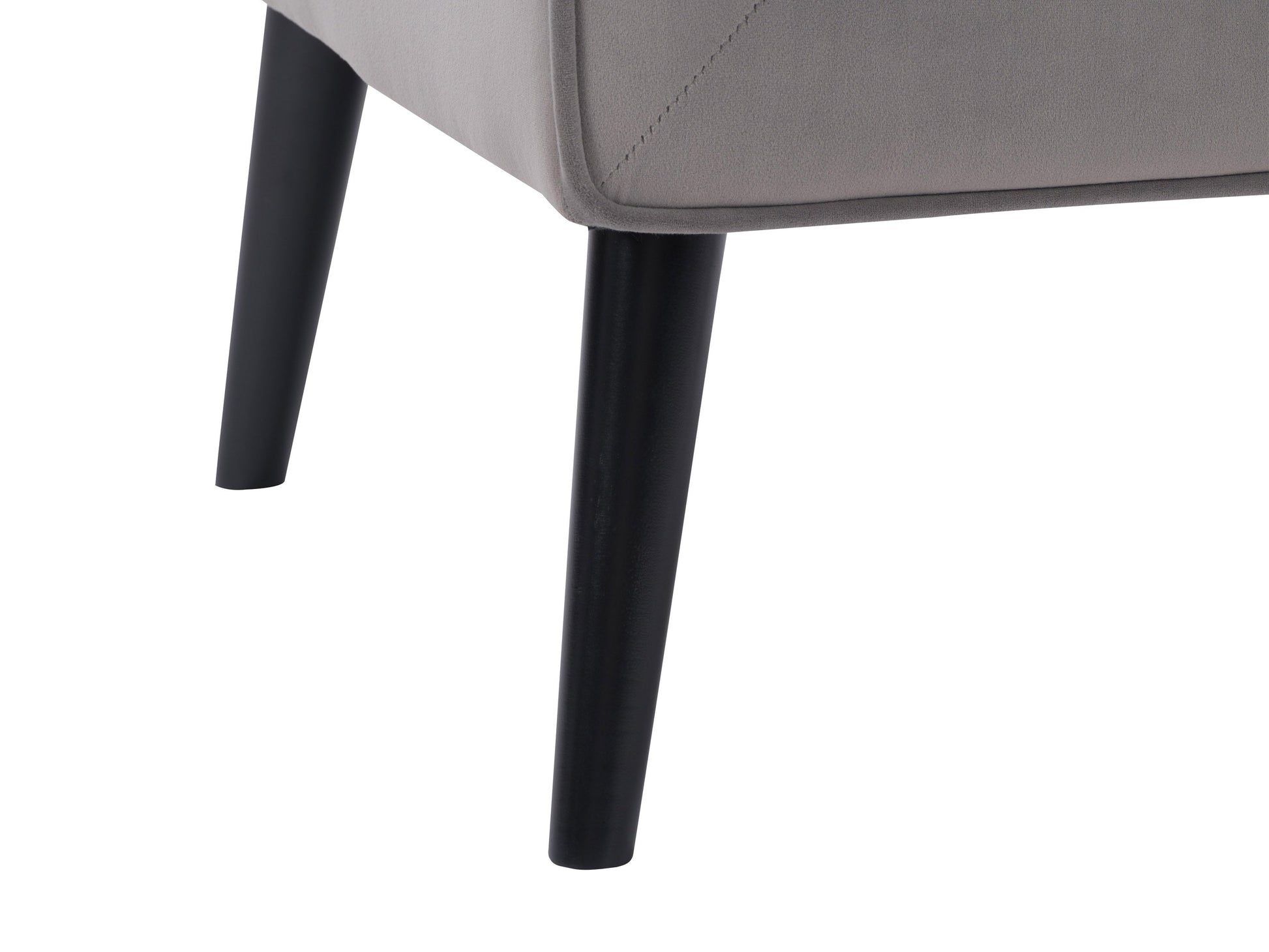 Elegant grey velvet accent chair with plush cushioning, sleek gold metal legs, and tufted backrest. Ideal for modern living rooms or offices, this stylish chair offers both comfort and sophistication.